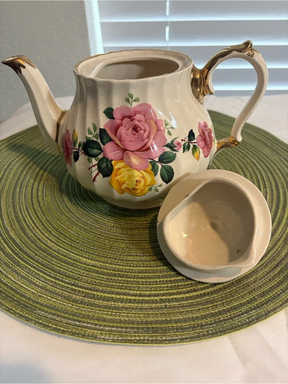 Floral Porcelain Teapot with Pink & Yellow Roses. Sadler England